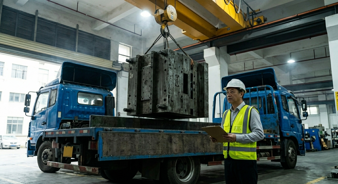 Heavy injection mold being loaded onto an independent logistics truck outside a Shenzhen factory under the supervision of a supply chain auditor